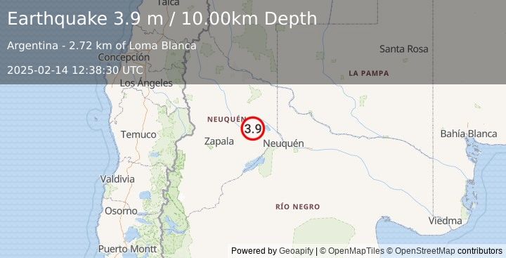 Earthquake NEUQUEN, ARGENTINA (3.9 m) (2025-02-14 12:38:30 UTC)