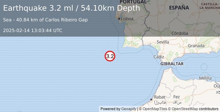 Earthquake WEST OF GIBRALTAR (3.2 ml) (2025-02-14 13:03:44 UTC)