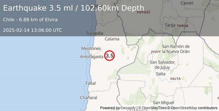 Earthquake ANTOFAGASTA, CHILE (3.5 ml) (2025-02-14 13:06:00 UTC)