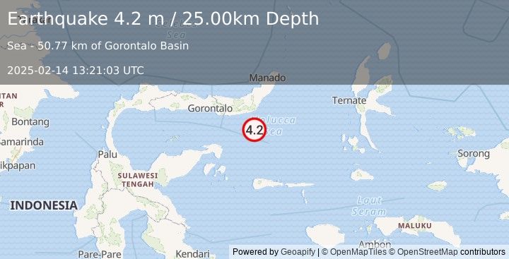 Earthquake MOLUCCA SEA (4.2 m) (2025-02-14 13:21:03 UTC)