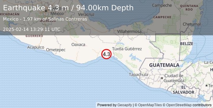 Earthquake OAXACA, MEXICO (4.3 m) (2025-02-14 13:29:11 UTC)