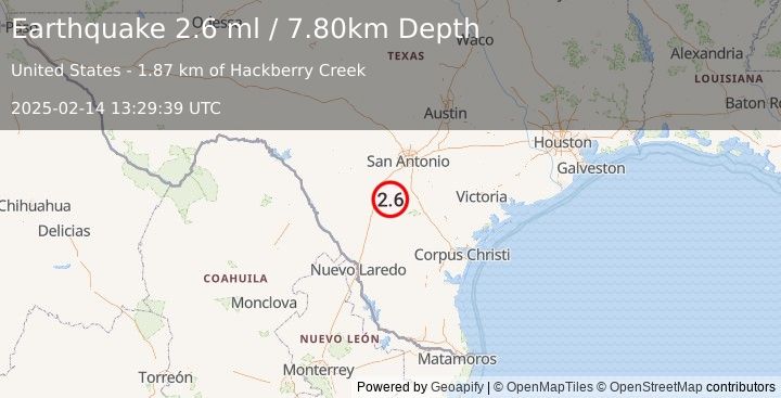 Earthquake SOUTHERN TEXAS (2.6 ml) (2025-02-14 13:29:39 UTC)