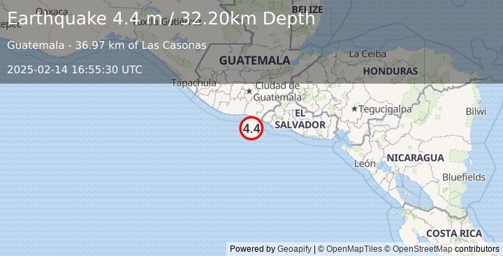 Earthquake OFFSHORE GUATEMALA (4.4 m) (2025-02-14 16:55:30 UTC)