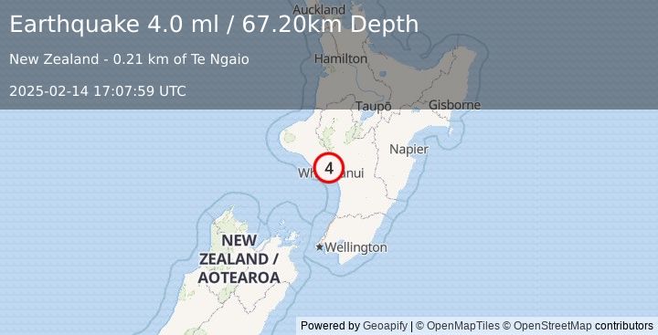 Earthquake NORTH ISLAND OF NEW ZEALAND (4.0 ml) (2025-02-14 17:07:59 UTC)