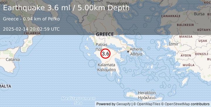 Earthquake SOUTHERN GREECE (3.6 ml) (2025-02-14 20:02:59 UTC)