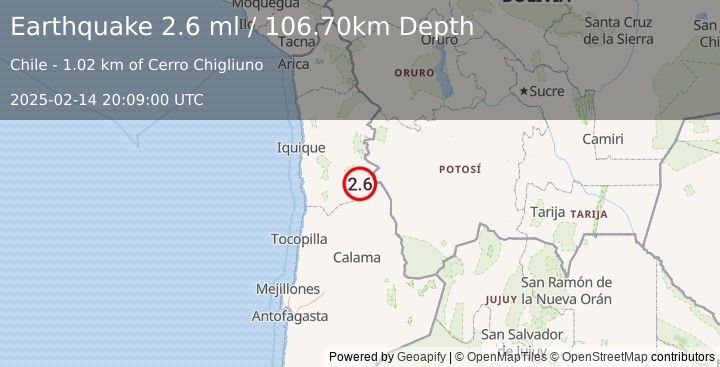 Earthquake ANTOFAGASTA, CHILE (2.6 ml) (2025-02-14 20:09:00 UTC)