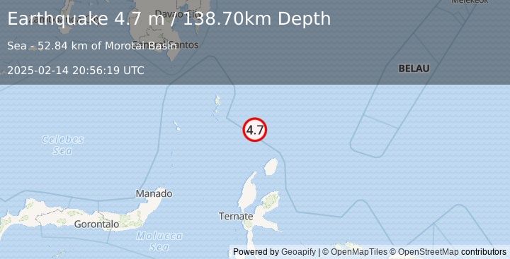 Earthquake KEPULAUAN TALAUD, INDONESIA (4.7 m) (2025-02-14 20:56:19 UTC)