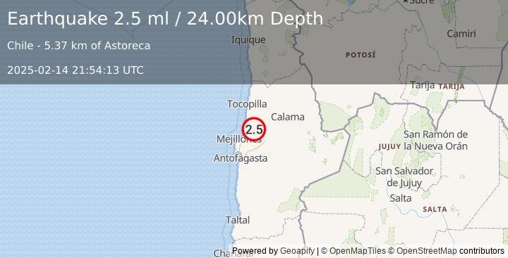 Earthquake ANTOFAGASTA, CHILE (2.5 ml) (2025-02-14 21:54:13 UTC)