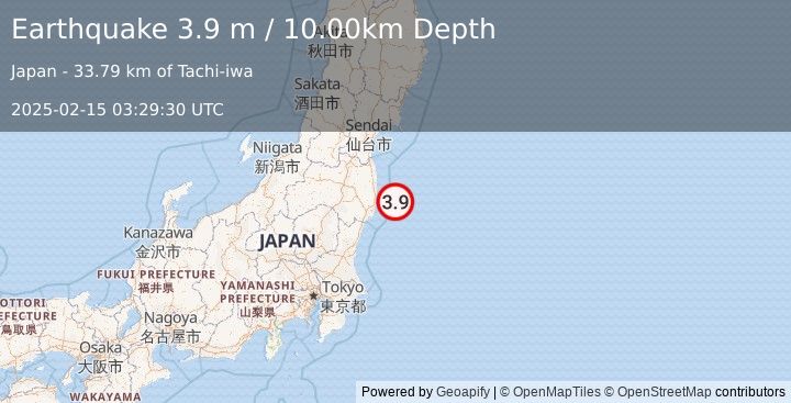 Earthquake NEAR EAST COAST OF HONSHU, JAPAN (3.9 m) (2025-02-15 03:29:30 UTC)