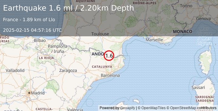 Earthquake PYRENEES (1.6 ml) (2025-02-15 04:57:16 UTC)