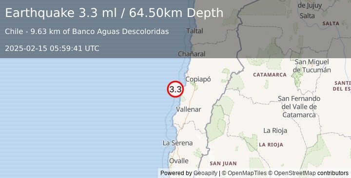 Earthquake OFFSHORE ATACAMA, CHILE (3.3 ml) (2025-02-15 05:59:41 UTC)