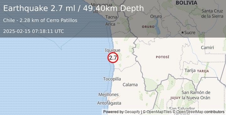 Earthquake TARAPACA, CHILE (2.7 ml) (2025-02-15 07:18:11 UTC)