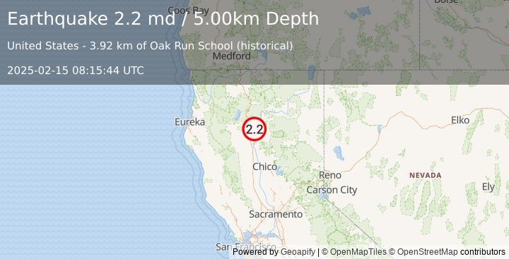 Earthquake NORTHERN CALIFORNIA (2.2 md) (2025-02-15 08:15:44 UTC)