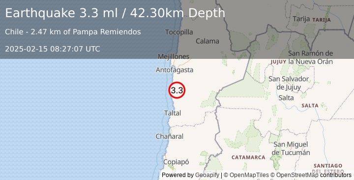 Earthquake ANTOFAGASTA, CHILE (3.3 ml) (2025-02-15 08:27:07 UTC)