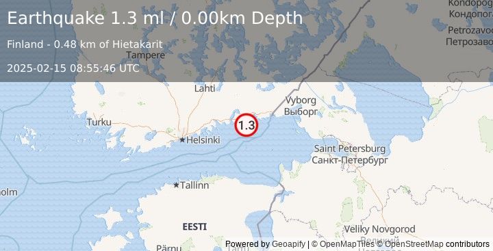 Earthquake FINLAND-RUSSIA BORDER REGION (1.3 ml) (2025-02-15 08:55:46 UTC)