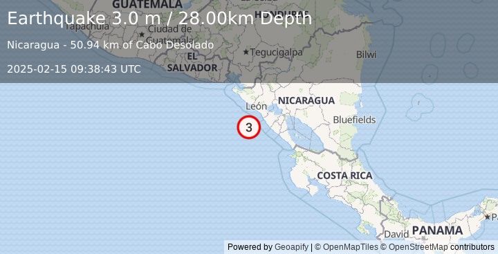 Earthquake NEAR COAST OF NICARAGUA (3.0 m) (2025-02-15 09:38:43 UTC)