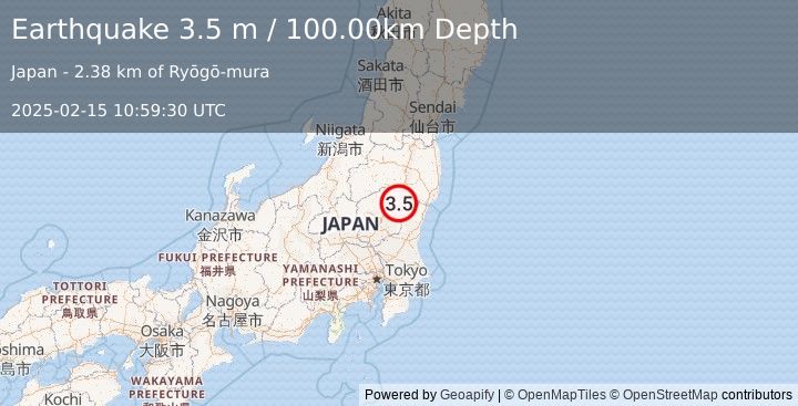 Earthquake NEAR EAST COAST OF HONSHU, JAPAN (3.5 m) (2025-02-15 10:59:30 UTC)