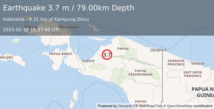 Earthquake NEAR N COAST OF PAPUA, INDONESIA (3.7 m) (2025-02-15 11:37:45 UTC)