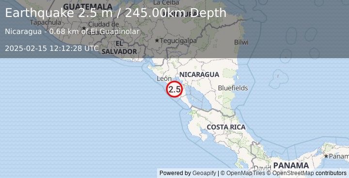 Earthquake NEAR COAST OF NICARAGUA (2.5 m) (2025-02-15 12:12:28 UTC)