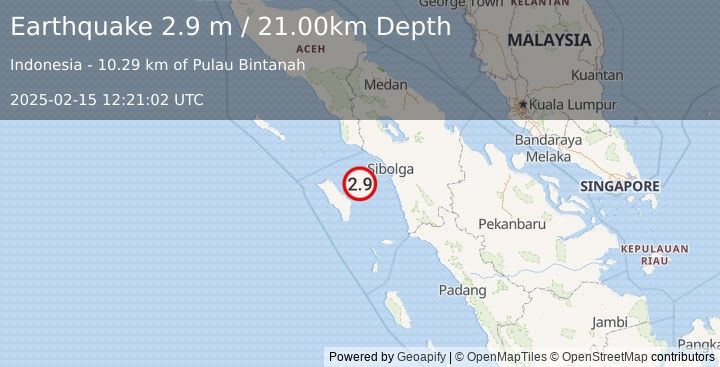 Earthquake NORTHERN SUMATRA, INDONESIA (2.9 m) (2025-02-15 12:21:02 UTC)