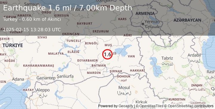 Earthquake EASTERN TURKEY (1.6 ml) (2025-02-15 13:28:03 UTC)