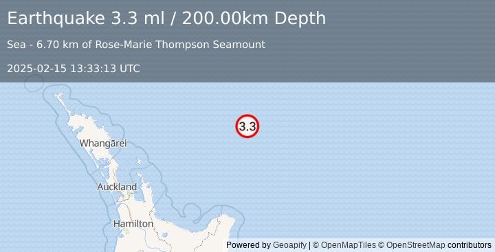 Earthquake OFF E. COAST OF N. ISLAND, N.Z. (3.3 ml) (2025-02-15 13:33:13 UTC)