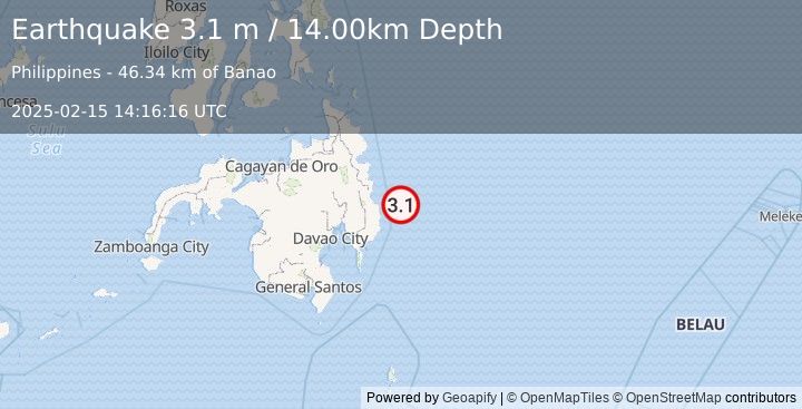 Earthquake PHILIPPINE ISLANDS REGION (3.1 m) (2025-02-15 14:16:16 UTC)