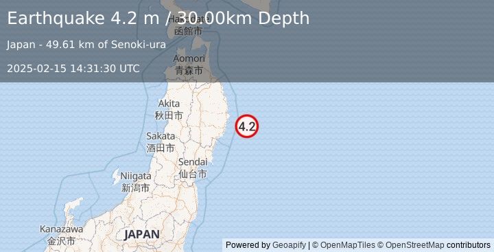 Earthquake NEAR EAST COAST OF HONSHU, JAPAN (4.2 m) (2025-02-15 14:31:30 UTC)