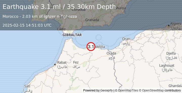 Earthquake STRAIT OF GIBRALTAR (3.1 ml) (2025-02-15 14:51:03 UTC)