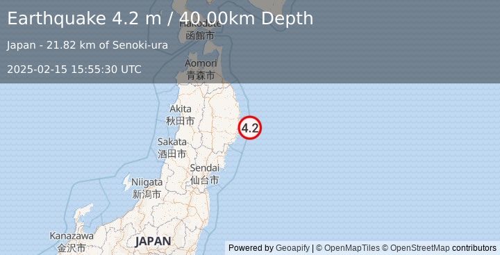 Earthquake NEAR EAST COAST OF HONSHU, JAPAN (4.2 m) (2025-02-15 15:55:30 UTC)