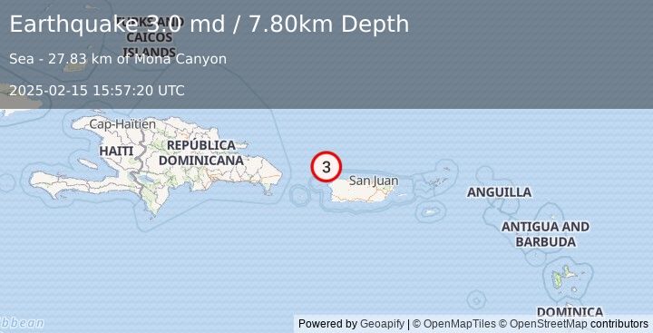 Earthquake PUERTO RICO REGION (3.0 md) (2025-02-15 15:57:20 UTC)