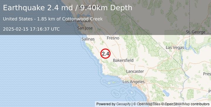 Earthquake CENTRAL CALIFORNIA (2.4 md) (2025-02-15 17:16:37 UTC)