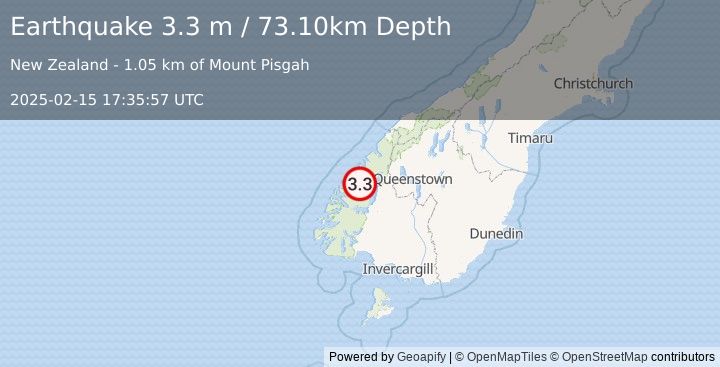 Earthquake SOUTH ISLAND OF NEW ZEALAND (3.3 m) (2025-02-15 17:35:57 UTC)