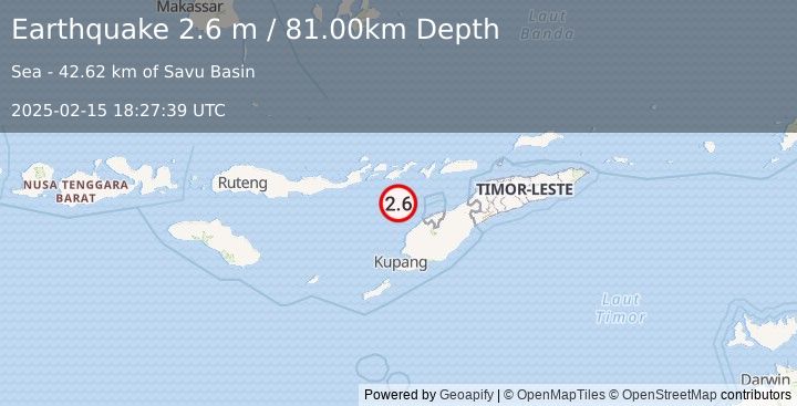 Earthquake TIMOR REGION, INDONESIA (2.6 m) (2025-02-15 18:27:39 UTC)