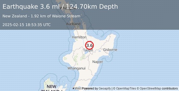 Earthquake NORTH ISLAND OF NEW ZEALAND (3.6 ml) (2025-02-15 18:53:35 UTC)