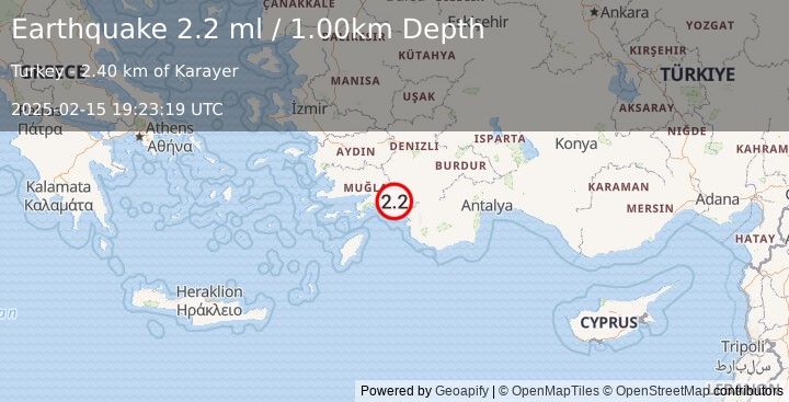 Earthquake DODECANESE IS.-TURKEY BORDER REG (2.0 ml) (2025-02-15 19:23:20 UTC)