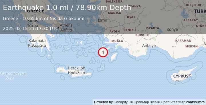 Earthquake DODECANESE IS.-TURKEY BORDER REG (1.0 ml) (2025-02-15 21:17:30 UTC)