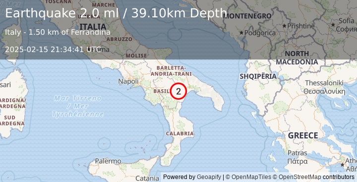 Earthquake SOUTHERN ITALY (2.0 ml) (2025-02-15 21:34:41 UTC)