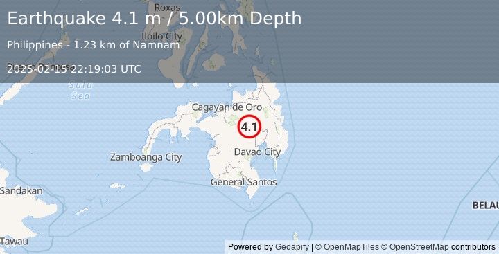 Earthquake MINDANAO, PHILIPPINES (4.1 m) (2025-02-15 22:19:03 UTC)