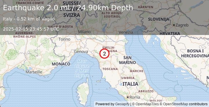 Earthquake NORTHERN ITALY (2.0 ml) (2025-02-15 23:45:57 UTC)