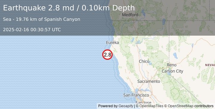 Earthquake OFFSHORE NORTHERN CALIFORNIA (2.8 md) (2025-02-16 00:30:57 UTC)