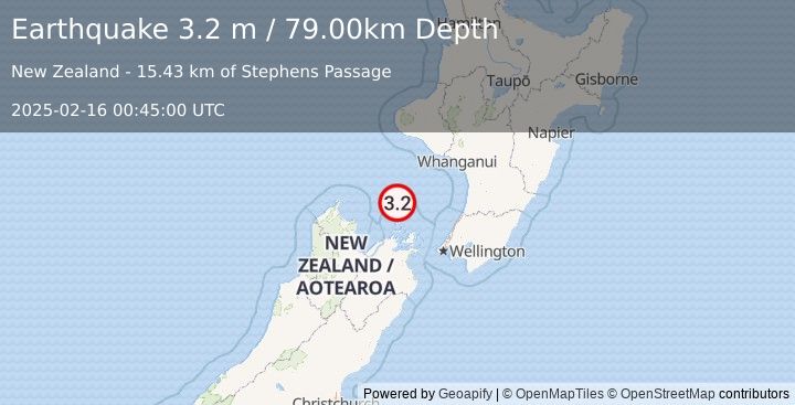 Earthquake COOK STRAIT, NEW ZEALAND (3.2 m) (2025-02-16 00:45:00 UTC)