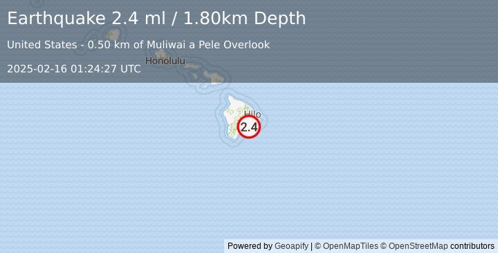 Earthquake ISLAND OF HAWAII, HAWAII (2.4 ml) (2025-02-16 01:24:27 UTC)