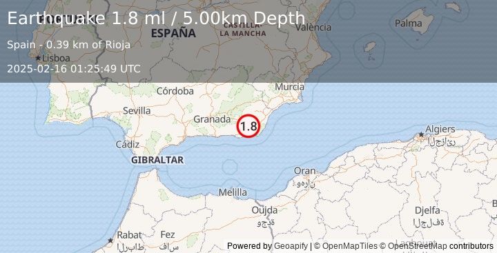 Earthquake STRAIT OF GIBRALTAR (1.8 ml) (2025-02-16 01:25:49 UTC)