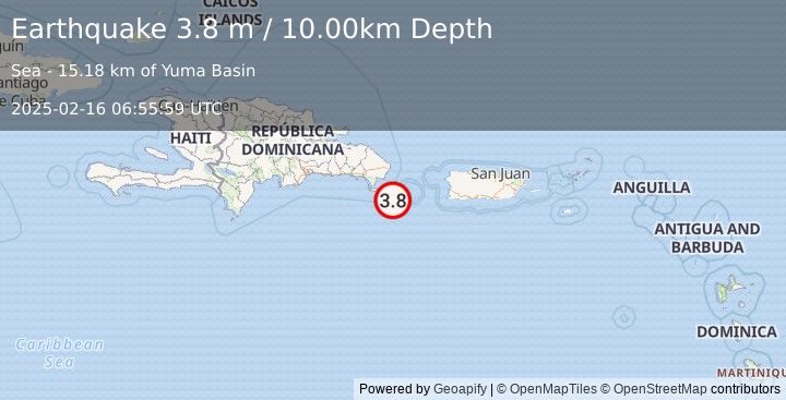 Earthquake DOMINICAN REPUBLIC REGION (3.8 m) (2025-02-16 06:55:59 UTC)