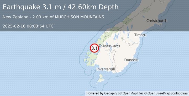 Earthquake SOUTH ISLAND OF NEW ZEALAND (3.1 m) (2025-02-16 08:03:54 UTC)