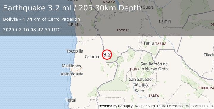 Earthquake POTOSI, BOLIVIA (3.2 ml) (2025-02-16 08:42:55 UTC)