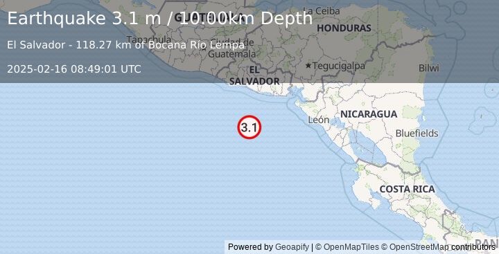 Earthquake OFF THE COAST OF EL SALVADOR (3.1 m) (2025-02-16 08:49:01 UTC)