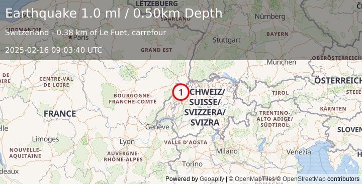 Earthquake SWITZERLAND (1.0 ml) (2025-02-16 09:03:40 UTC)