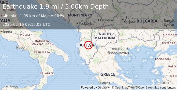 Earthquake ALBANIA (2.0 ml) (2025-02-16 09:15:01 UTC)